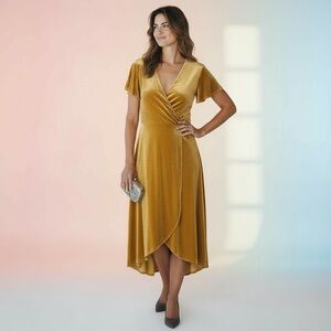 NWT Lucy Paris Women’s Velvet Wrap Dress Gold Flowy Sleeves Size M (No Belt)